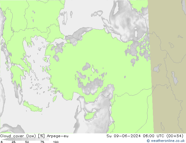 Cloud cover (low) Arpege-eu Su 09.06.2024 06 UTC