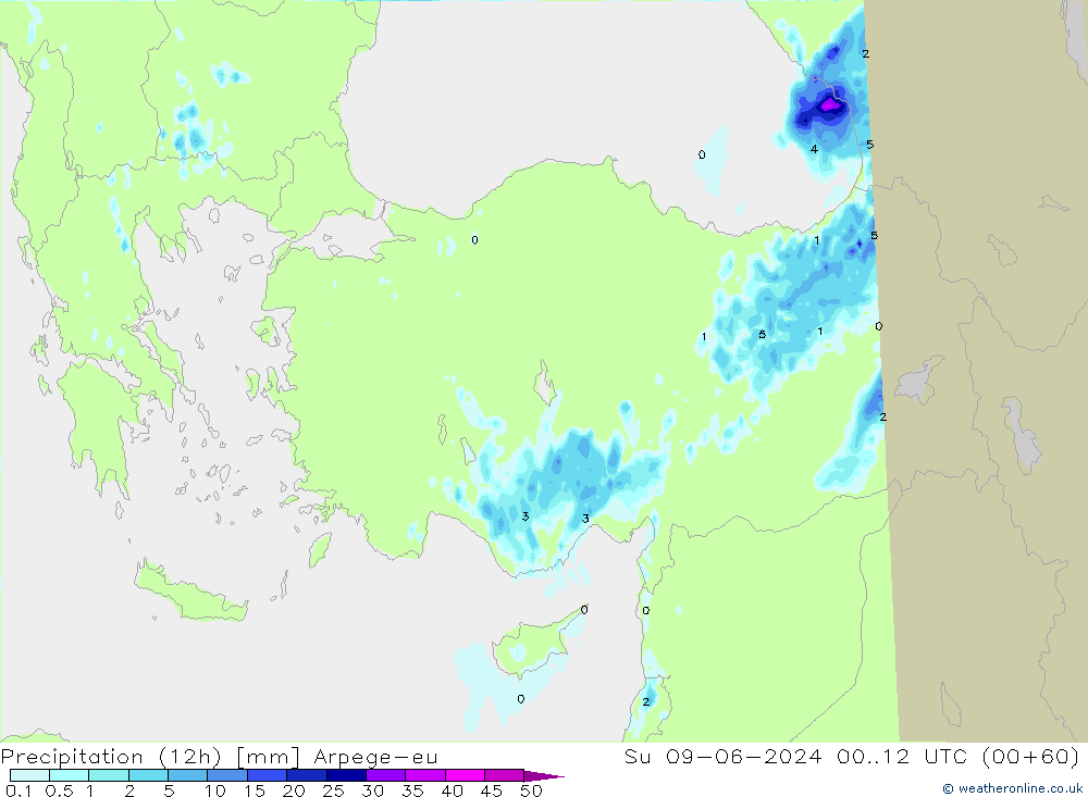 Totale neerslag (12h) Arpege-eu zo 09.06.2024 12 UTC