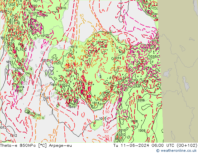 Theta-e 850hPa Arpege-eu di 11.06.2024 06 UTC