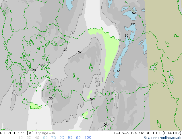 RH 700 hPa Arpege-eu Di 11.06.2024 06 UTC