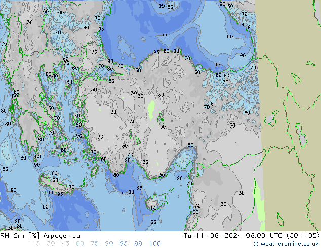 RH 2m Arpege-eu Út 11.06.2024 06 UTC