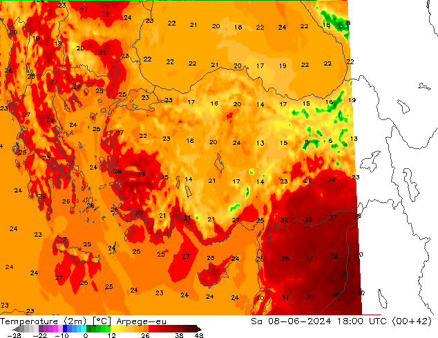 Temperature (2m) Arpege-eu Sa 08.06.2024 18 UTC