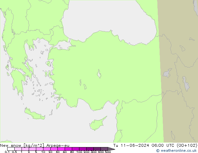 Nový sníh Arpege-eu Út 11.06.2024 06 UTC