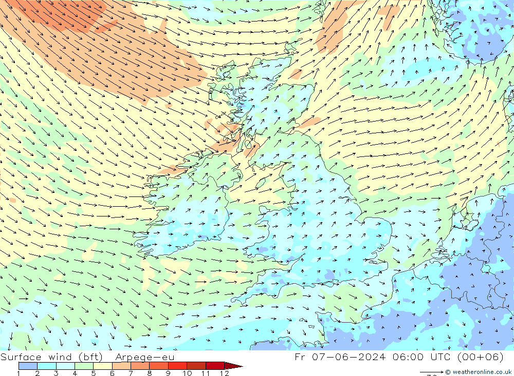 Surface wind (bft) Arpege-eu Fr 07.06.2024 06 UTC