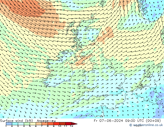 Surface wind (bft) Arpege-eu Fr 07.06.2024 09 UTC