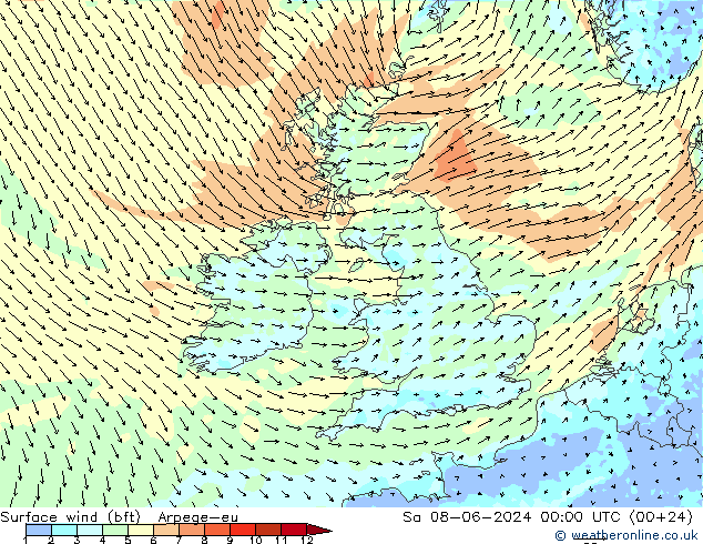 ве�Bе�@ 10 m (bft) Arpege-eu сб 08.06.2024 00 UTC