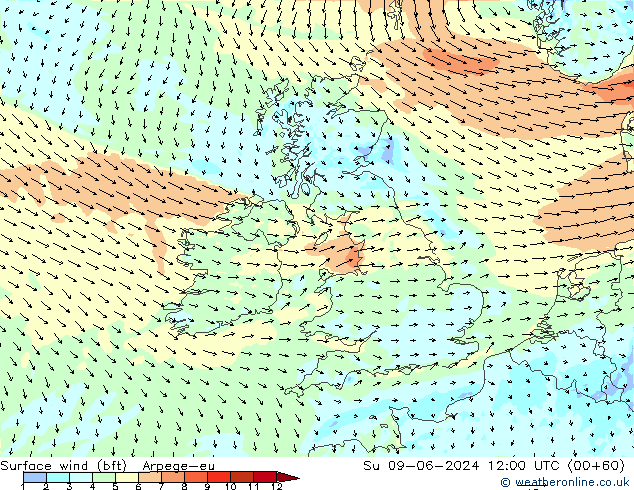Surface wind (bft) Arpege-eu Ne 09.06.2024 12 UTC