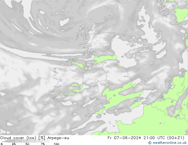 Cloud cover (low) Arpege-eu Fr 07.06.2024 21 UTC