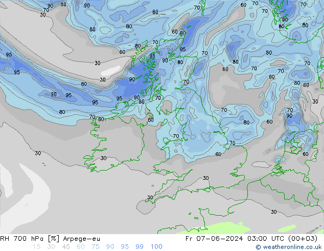 RH 700 hPa Arpege-eu ven 07.06.2024 03 UTC