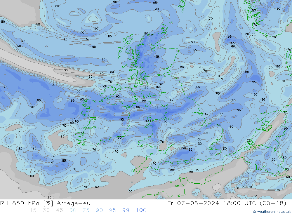RH 850 hPa Arpege-eu Fr 07.06.2024 18 UTC
