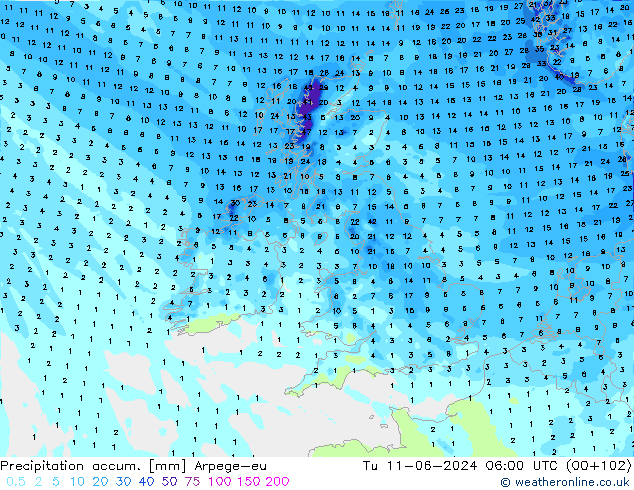 Précipitation accum. Arpege-eu mar 11.06.2024 06 UTC