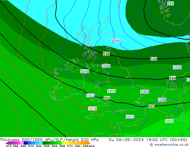 Espesor 500-1000 hPa Arpege-eu dom 09.06.2024 18 UTC