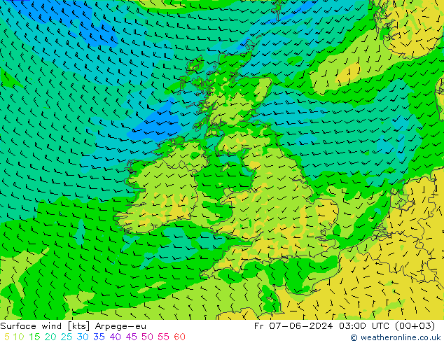 Wind 10 m Arpege-eu vr 07.06.2024 03 UTC