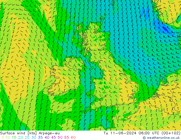 Vento 10 m Arpege-eu Ter 11.06.2024 06 UTC