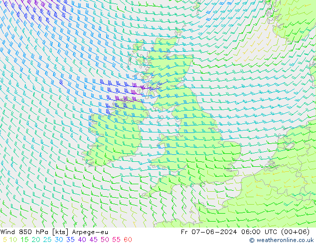 Wind 850 hPa Arpege-eu Pá 07.06.2024 06 UTC