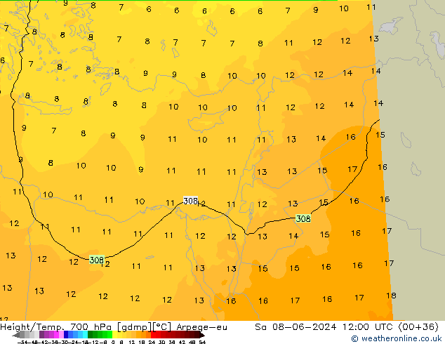 Height/Temp. 700 hPa Arpege-eu Sáb 08.06.2024 12 UTC