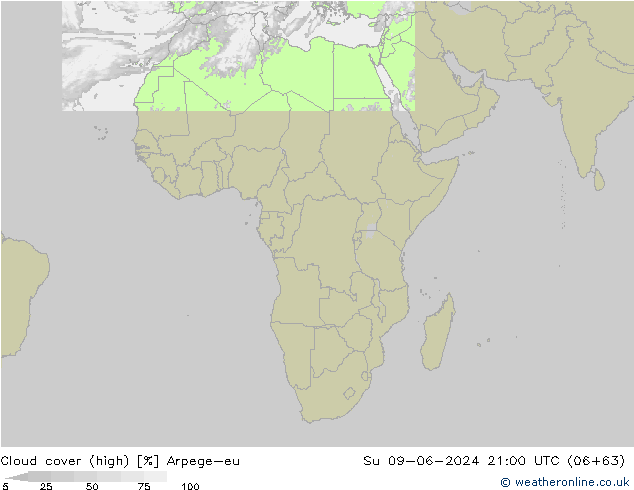 Cloud cover (high) Arpege-eu Su 09.06.2024 21 UTC