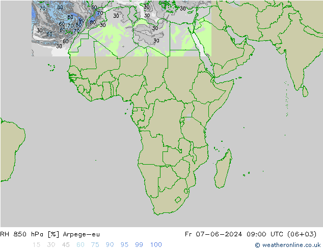 Humedad rel. 850hPa Arpege-eu vie 07.06.2024 09 UTC