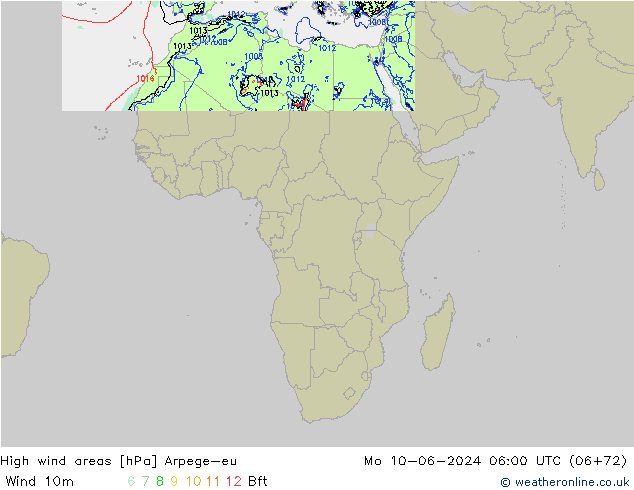 High wind areas Arpege-eu пн 10.06.2024 06 UTC