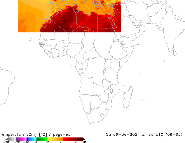 Temperatura (2m) Arpege-eu dom 09.06.2024 21 UTC
