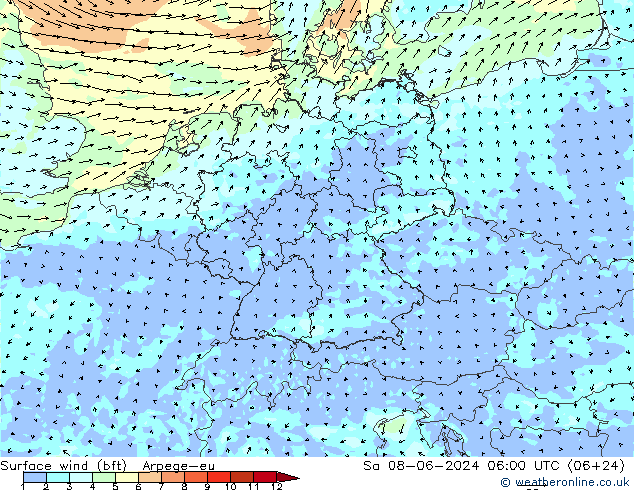 Bodenwind (bft) Arpege-eu Sa 08.06.2024 06 UTC