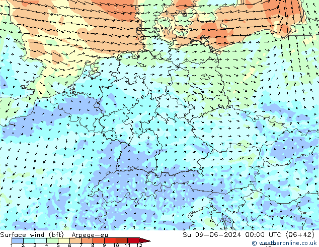 Rüzgar 10 m (bft) Arpege-eu Paz 09.06.2024 00 UTC