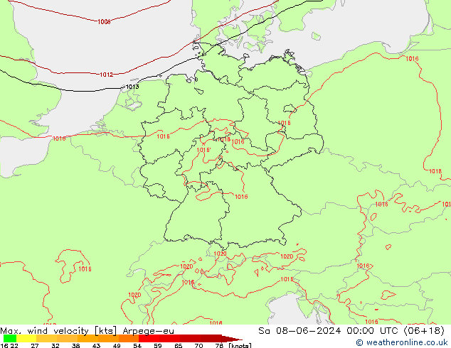 Max. wind snelheid Arpege-eu za 08.06.2024 00 UTC