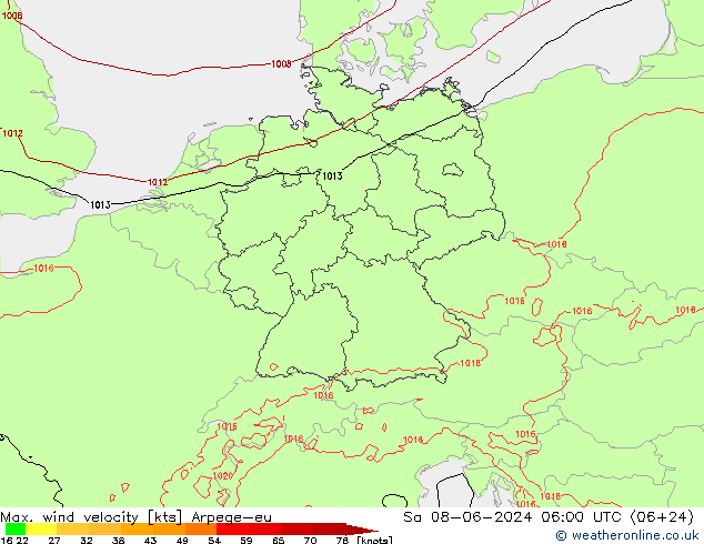 Max. wind velocity Arpege-eu Sa 08.06.2024 06 UTC