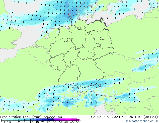 Precipitation (6h) Arpege-eu Sa 08.06.2024 06 UTC