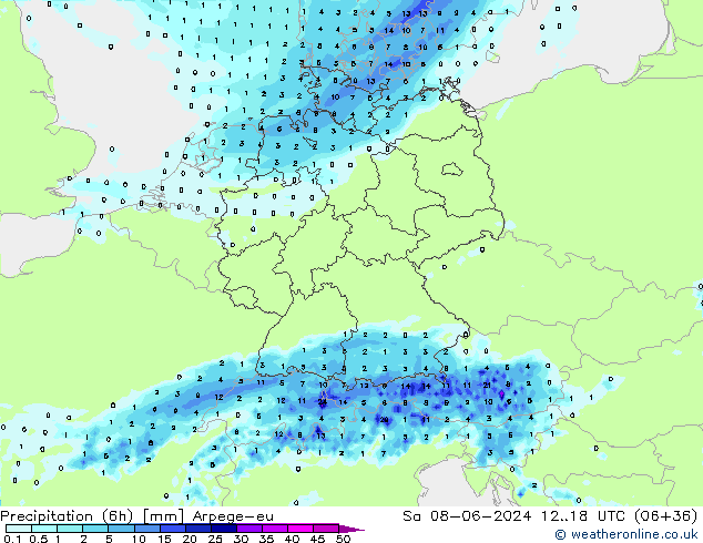 Totale neerslag (6h) Arpege-eu za 08.06.2024 18 UTC