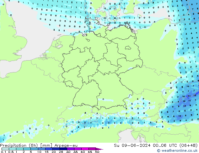 Precipitation (6h) Arpege-eu Su 09.06.2024 06 UTC