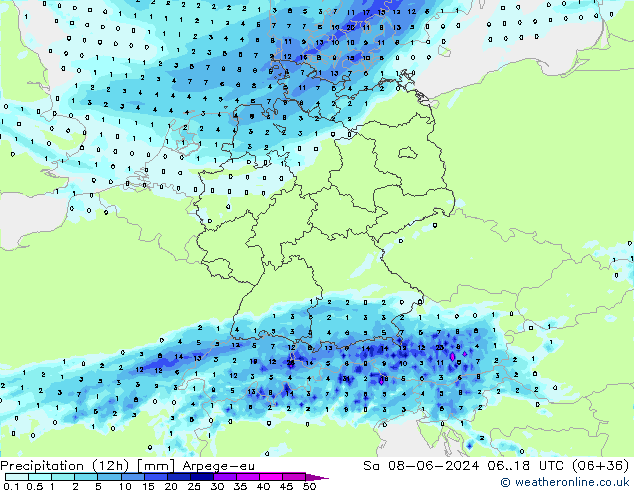 Totale neerslag (12h) Arpege-eu za 08.06.2024 18 UTC