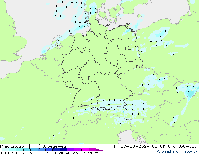 Precipitazione Arpege-eu ven 07.06.2024 09 UTC