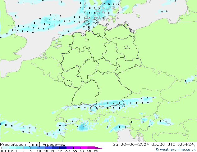 Niederschlag Arpege-eu Sa 08.06.2024 06 UTC