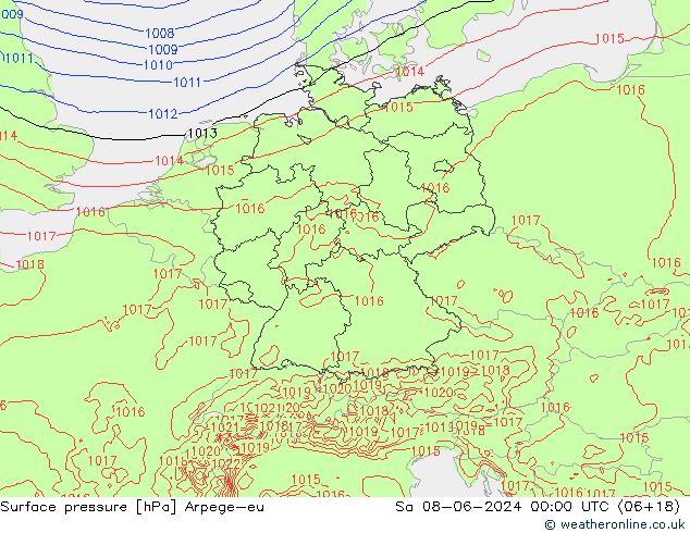 Pressione al suolo Arpege-eu sab 08.06.2024 00 UTC