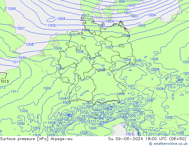 Atmosférický tlak Arpege-eu Ne 09.06.2024 18 UTC