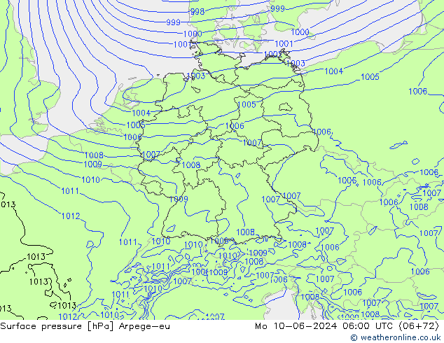 Pressione al suolo Arpege-eu lun 10.06.2024 06 UTC