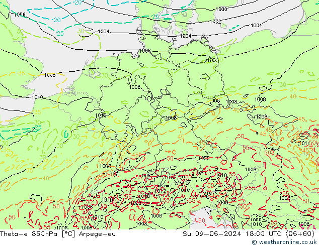 Theta-e 850гПа Arpege-eu Вс 09.06.2024 18 UTC