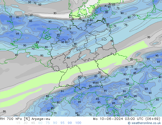 Humidité rel. 700 hPa Arpege-eu lun 10.06.2024 03 UTC