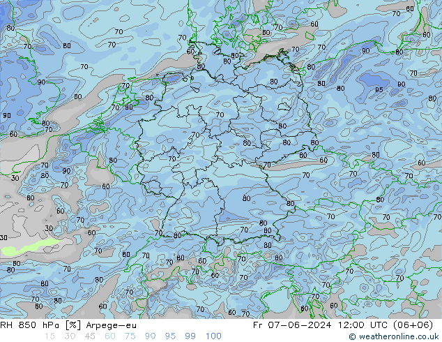 RH 850 hPa Arpege-eu Pá 07.06.2024 12 UTC