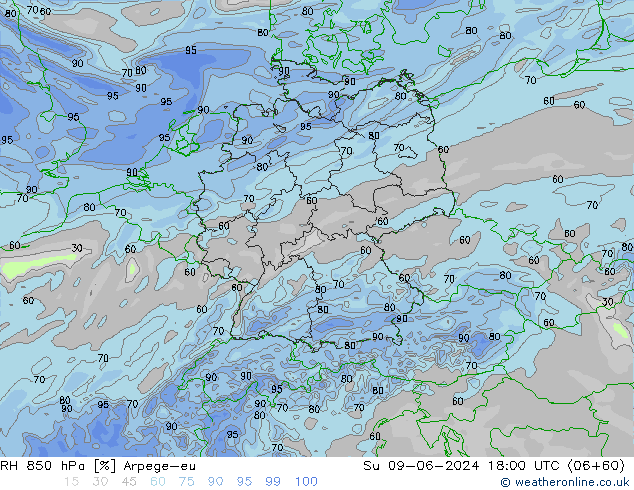 RH 850 hPa Arpege-eu nie. 09.06.2024 18 UTC