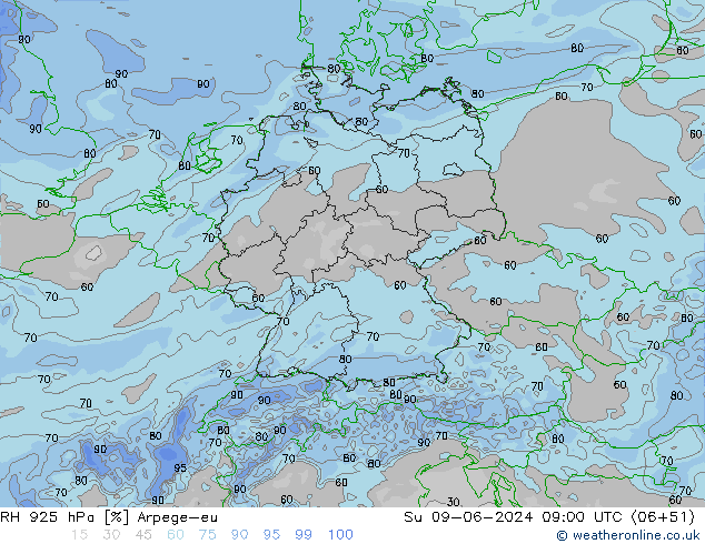 RH 925 hPa Arpege-eu Dom 09.06.2024 09 UTC