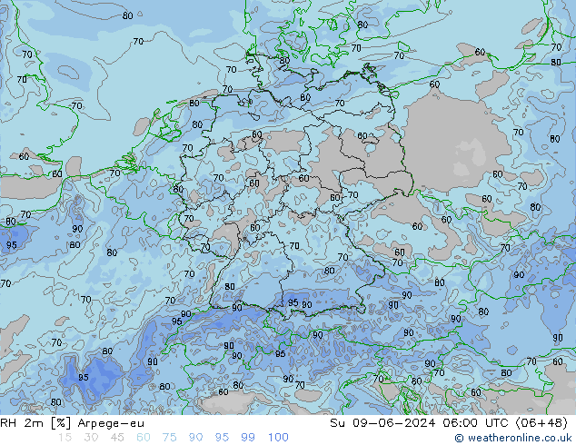 RH 2m Arpege-eu Su 09.06.2024 06 UTC