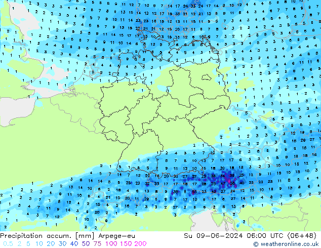 Precipitation accum. Arpege-eu Su 09.06.2024 06 UTC