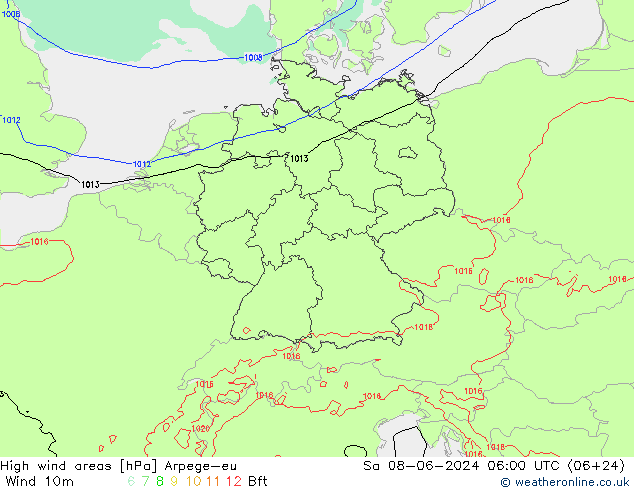 Windvelden Arpege-eu za 08.06.2024 06 UTC