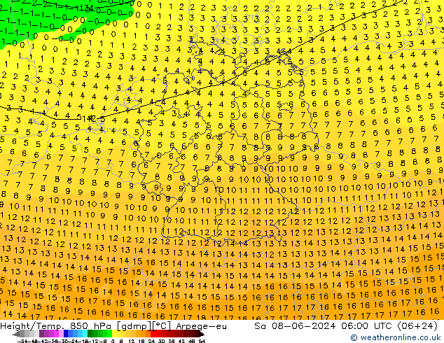 Hoogte/Temp. 850 hPa Arpege-eu za 08.06.2024 06 UTC