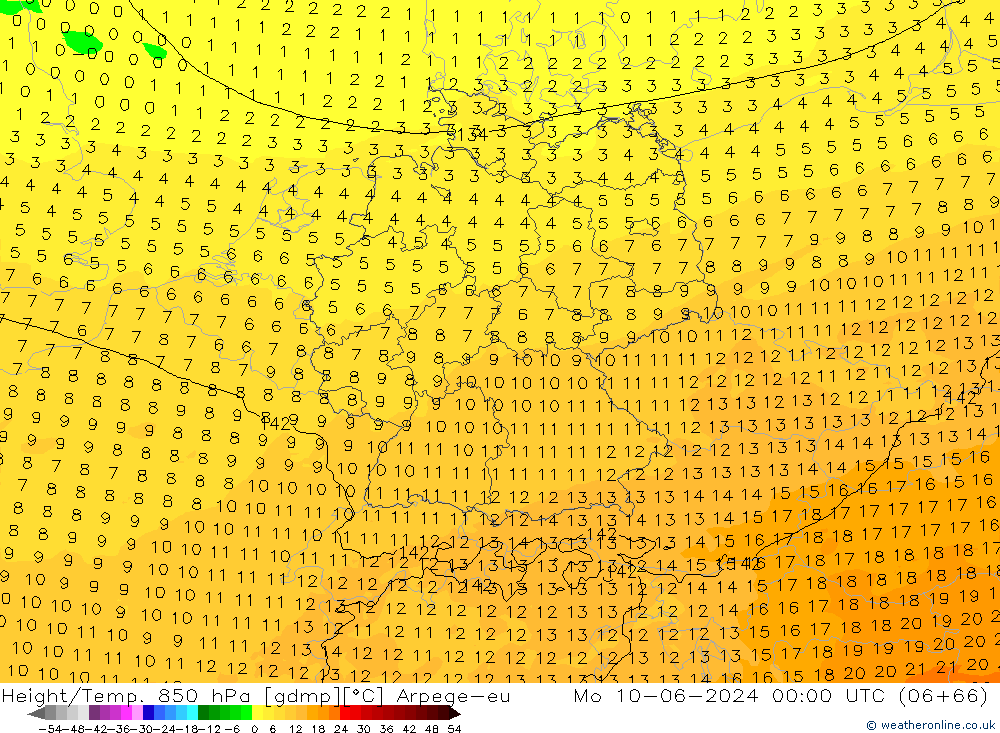 Yükseklik/Sıc. 850 hPa Arpege-eu Pzt 10.06.2024 00 UTC