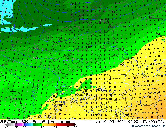 850 hPa Yer Bas./Sıc Arpege-eu Pzt 10.06.2024 06 UTC