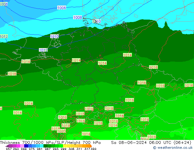 Thck 700-1000 hPa Arpege-eu Sa 08.06.2024 06 UTC