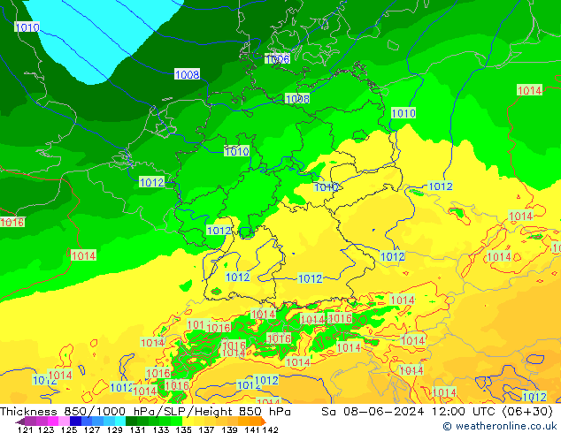 Espesor 850-1000 hPa Arpege-eu sáb 08.06.2024 12 UTC